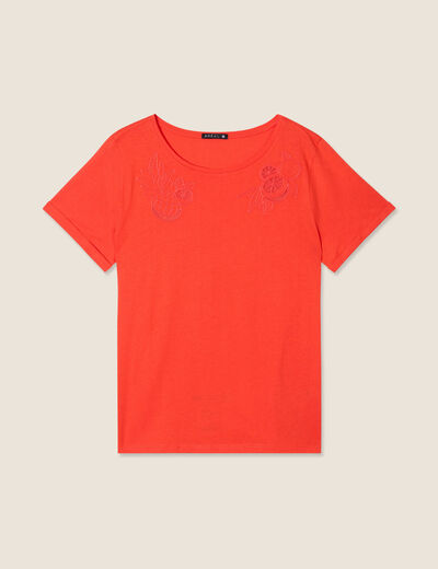 T-shirt manches courtes brodé orange foncé femme