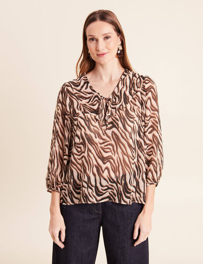 Blouse ample col v en voile manches 3/4 noir femme