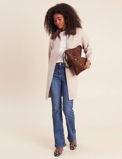 Gilet droit long col chemise beige femme