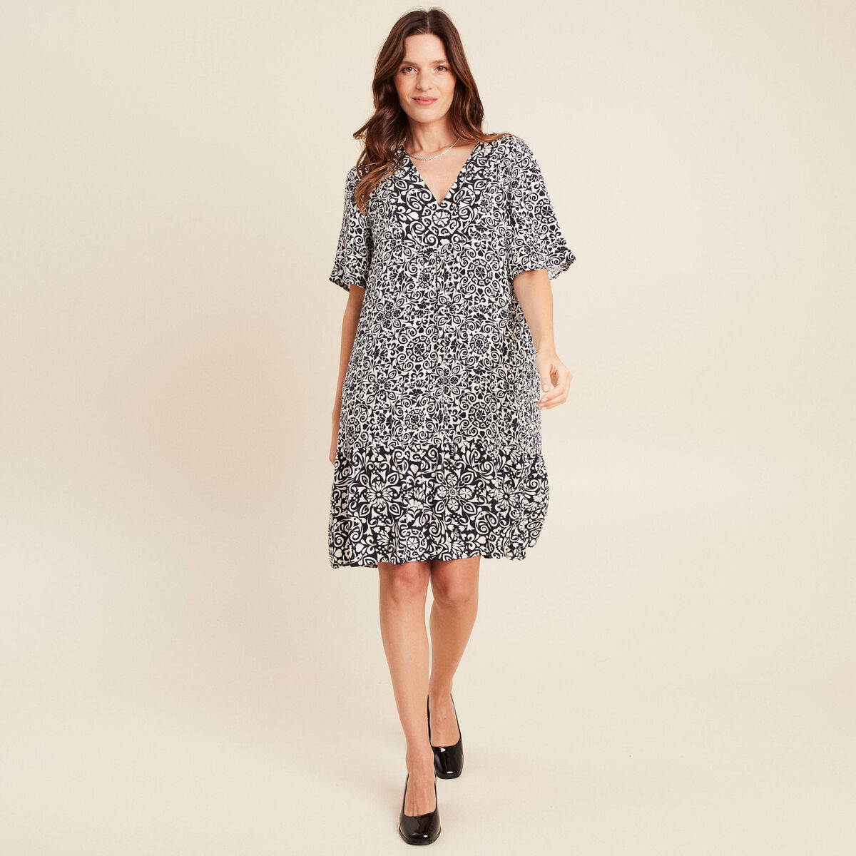 Robe courte évasée col V bleu marine femme