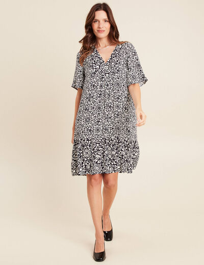 Robe courte évasée col V bleu marine femme