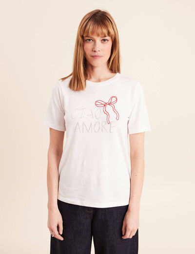 T-shirt col rond manches courtes brod&eacute; ecru femme