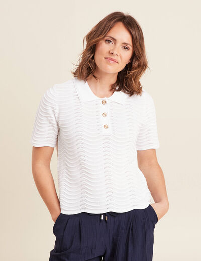 Pull manches courtes col polo blanc femme