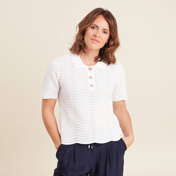 Pull manches courtes col polo blanc femme
