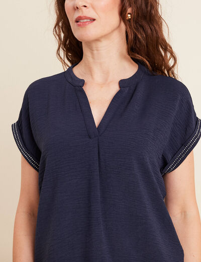 Blouse col tunisien manches courtes bleu foncé femme