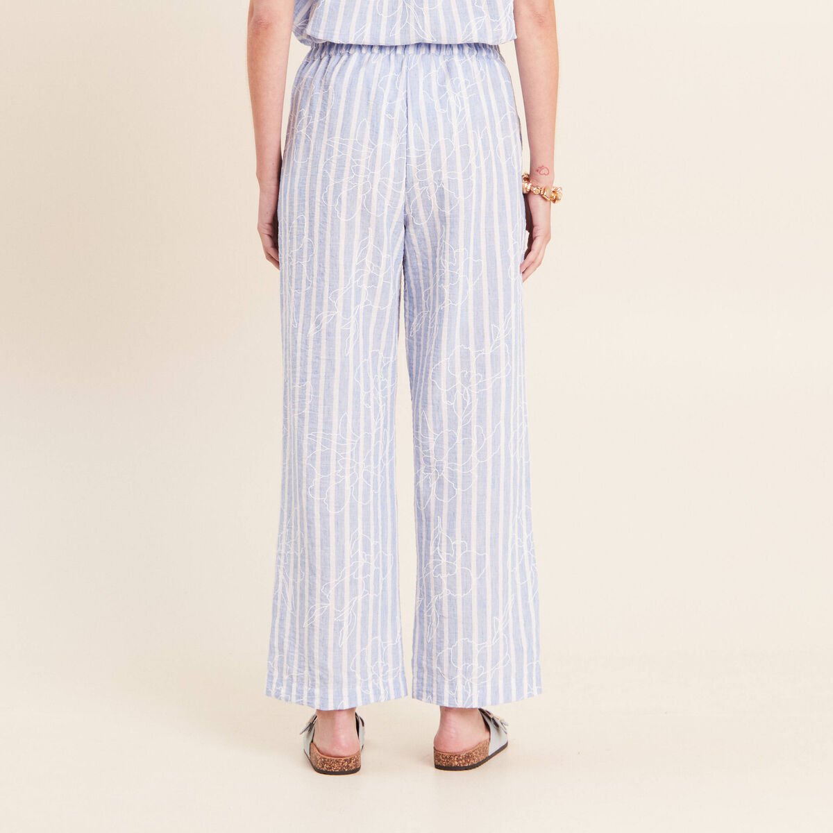Pantalon large taille haute bleu femme