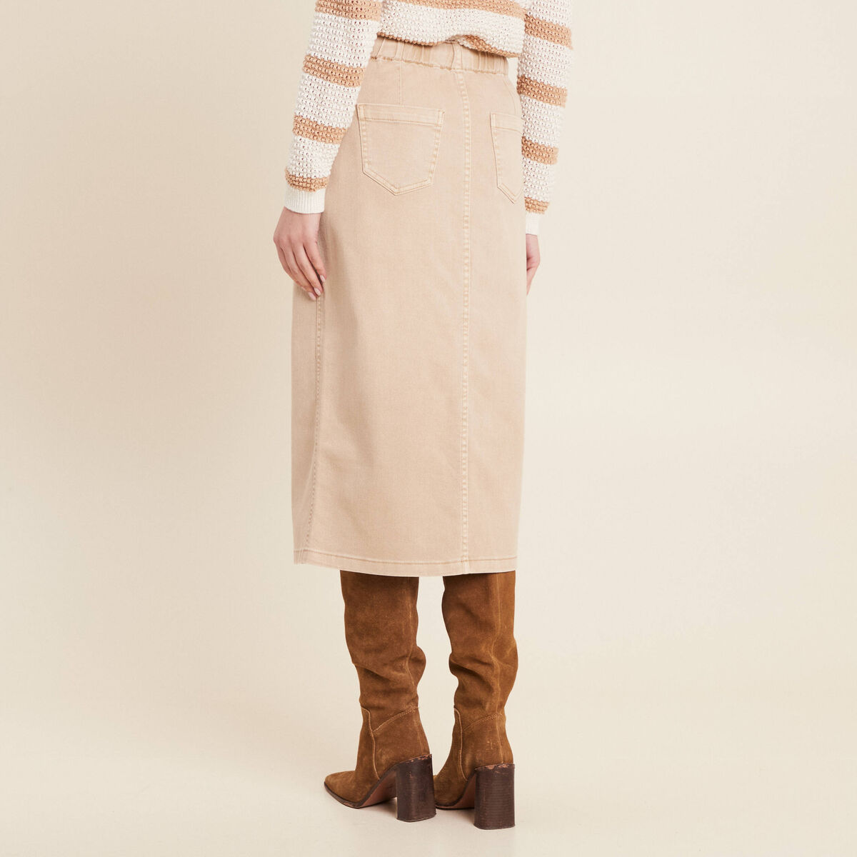 Jupe longue droite en jean denim beige femme