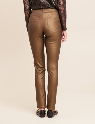 Pantalon ajust&eacute; taille bascul&eacute;e enduit vert kaki femme