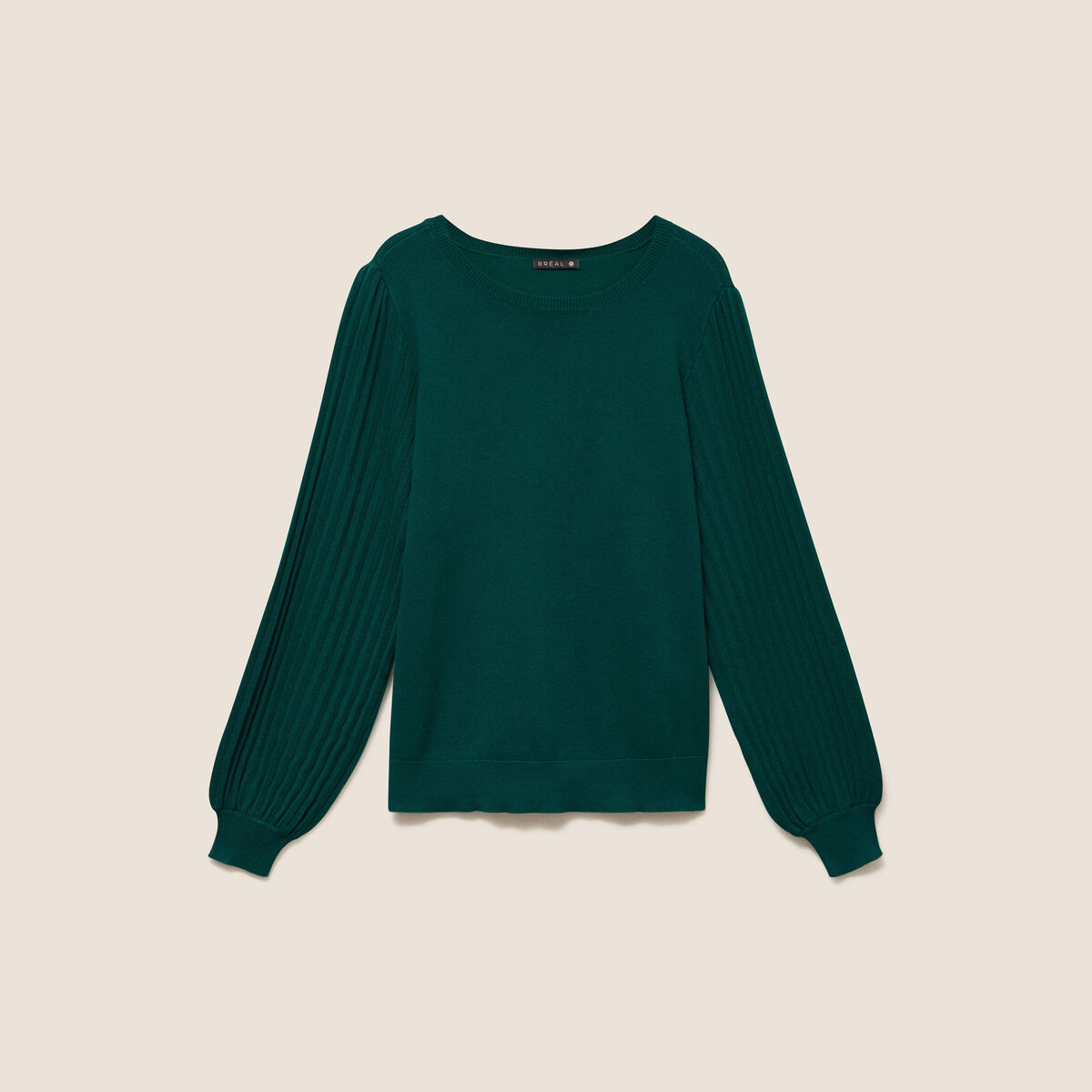 Pull cintr&eacute; col rond manches longues vert fonc&eacute; femme