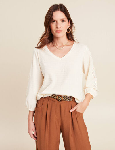 blouse macramé col V manches 3/4 ecru femme