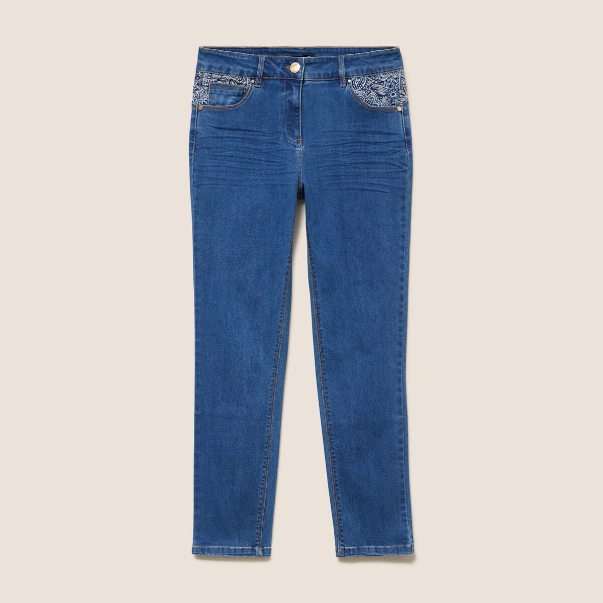 Jean ajust&eacute; 7/8&egrave;me taille bascul&eacute;e denim stone femme