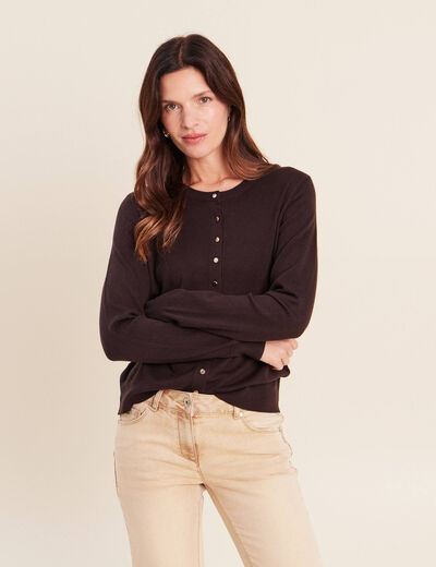 Gilet manches longues col rond marron fonc&eacute; femme