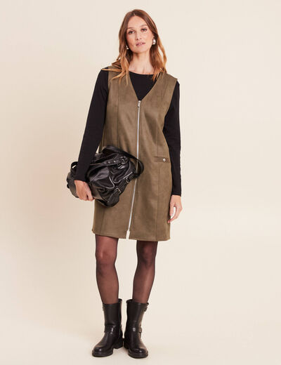 Robe chasuble su&eacute;dine vert kaki femme