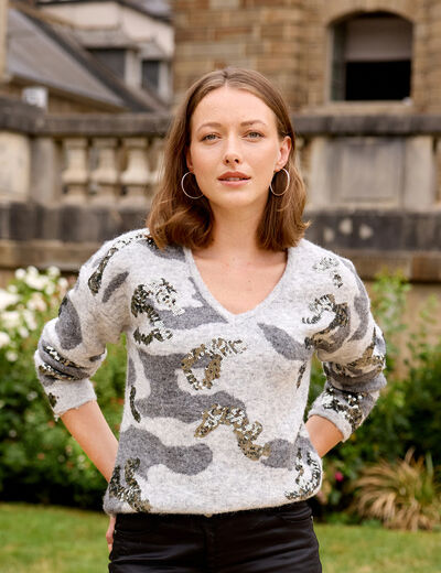Pull col v &agrave; sequins gris femme