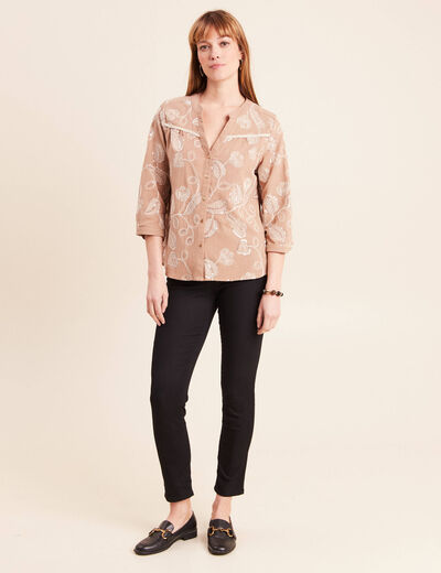 Blouse col tunisien manches 3/4 beige femme