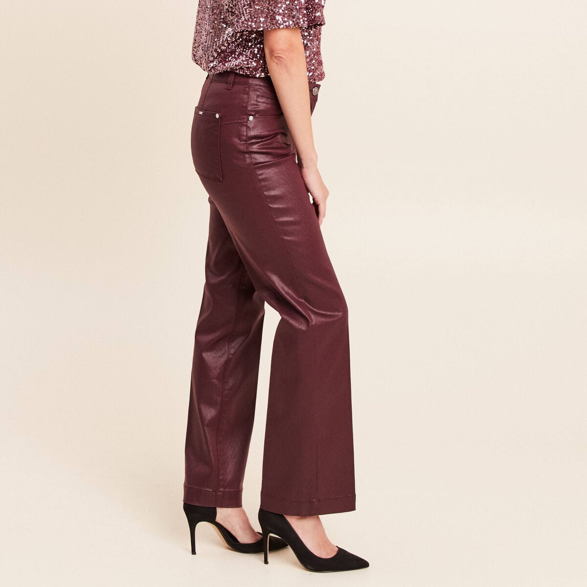 Pantalon enduit coupe large bordeaux femme