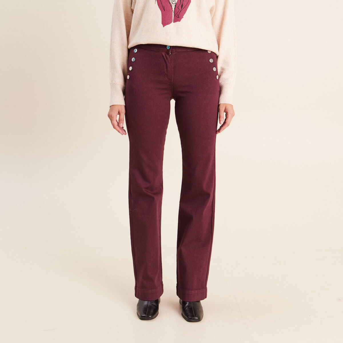 Pantalon coupe bootcut &agrave; pont prune femme