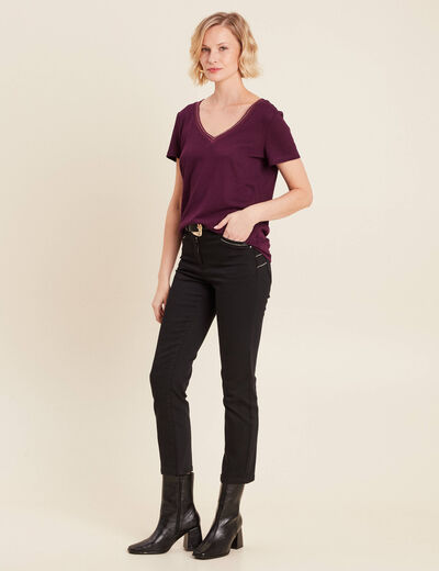 T-shirt manches courtes col en V violet foncé femme