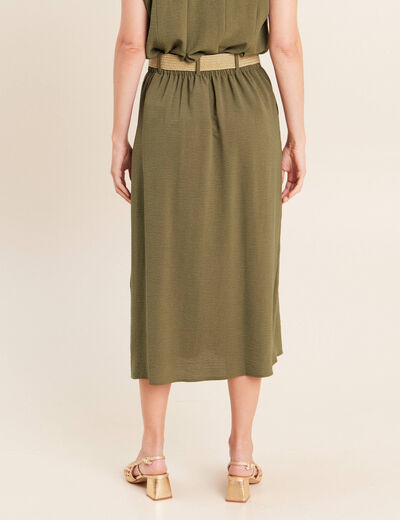 Jupe longue &eacute;vas&eacute;e ceintur&eacute;e vert kaki femme
