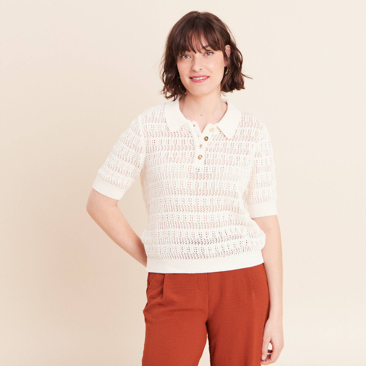 Pull col chemise manches courtes ecru femme