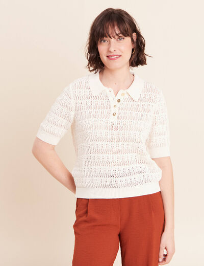 Pull col chemise manches courtes ecru femme