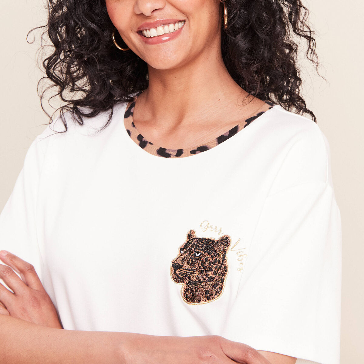 T-shirt col rond manches courtes ecru femme