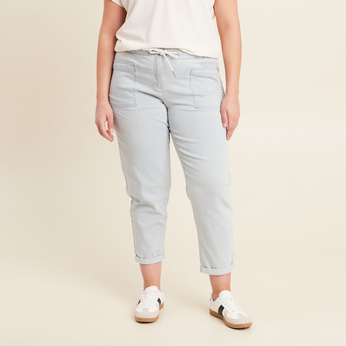 Jean large à coulisse denim bleach femme