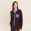 Veste col chemise manches longues marron fonc&eacute; femme