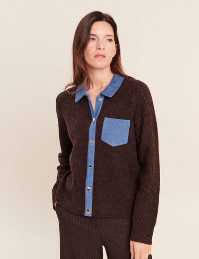 Veste col chemise manches longues marron fonc&eacute; femme