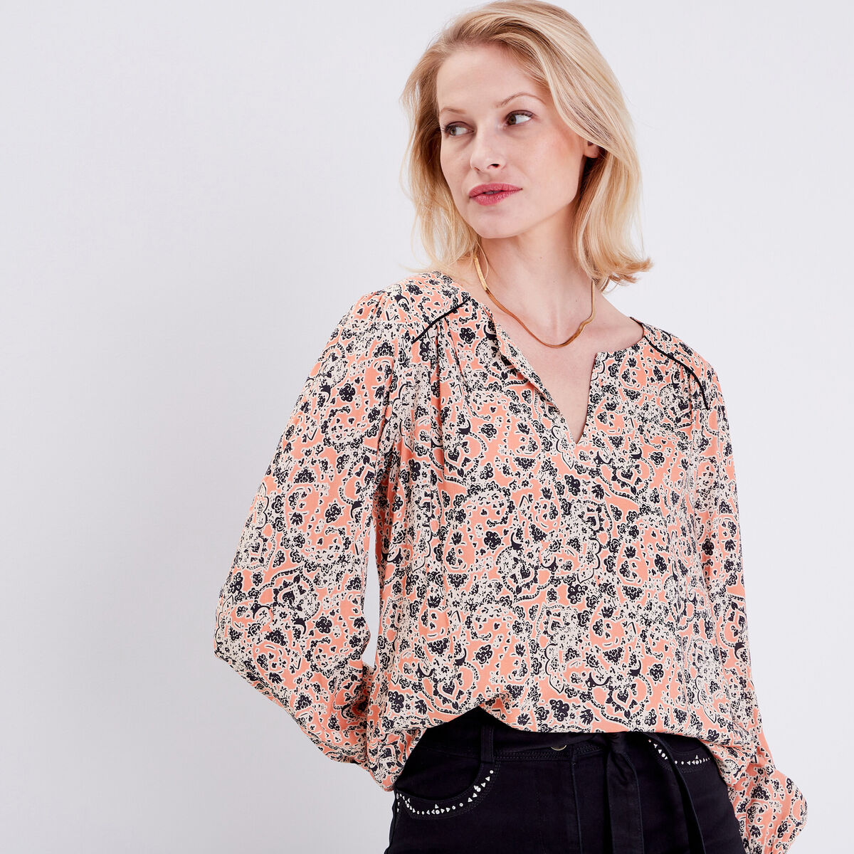 Blouse manches longues orange corail femme