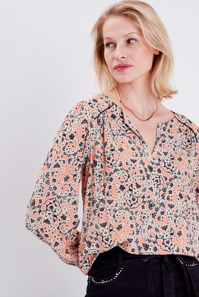 Blouse manches longues orange corail femme
