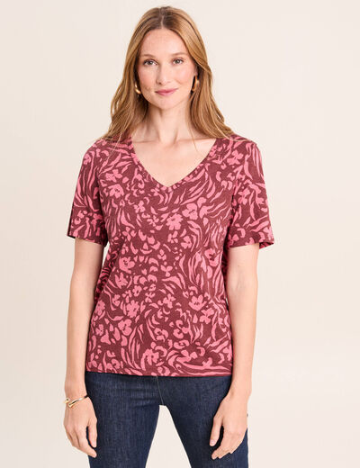 T-shirt col V manches courtes rose femme