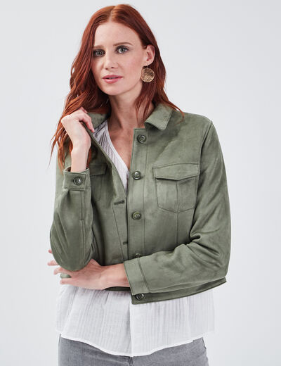 Blouson droit effet suédine vert kaki femme