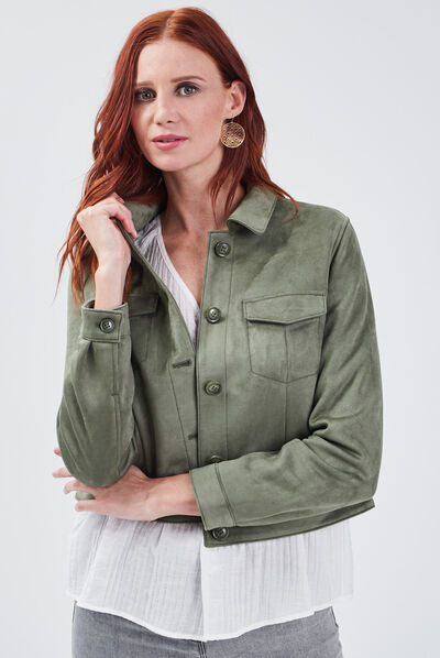 Blouson droit effet suédine vert kaki femme