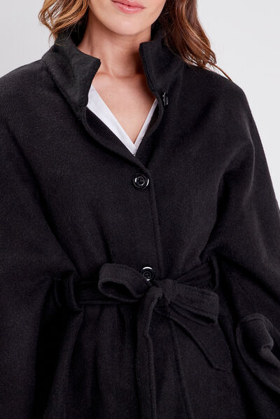 Poncho boutonné ceinturé noir femme