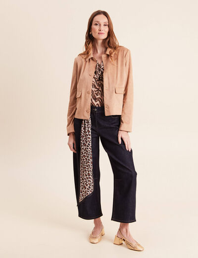Veste courte droite aspect daim marron clair femme