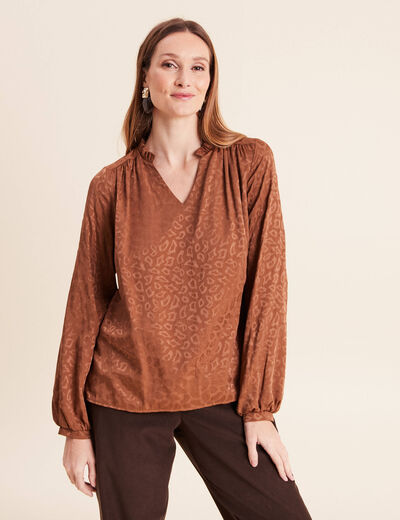 Blouse jacquard col v manches longues noir femme