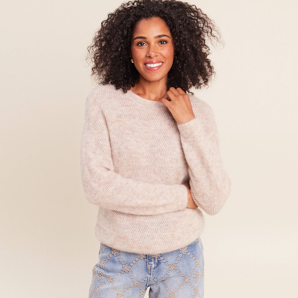 Pull droit col rond manches longues creme femme