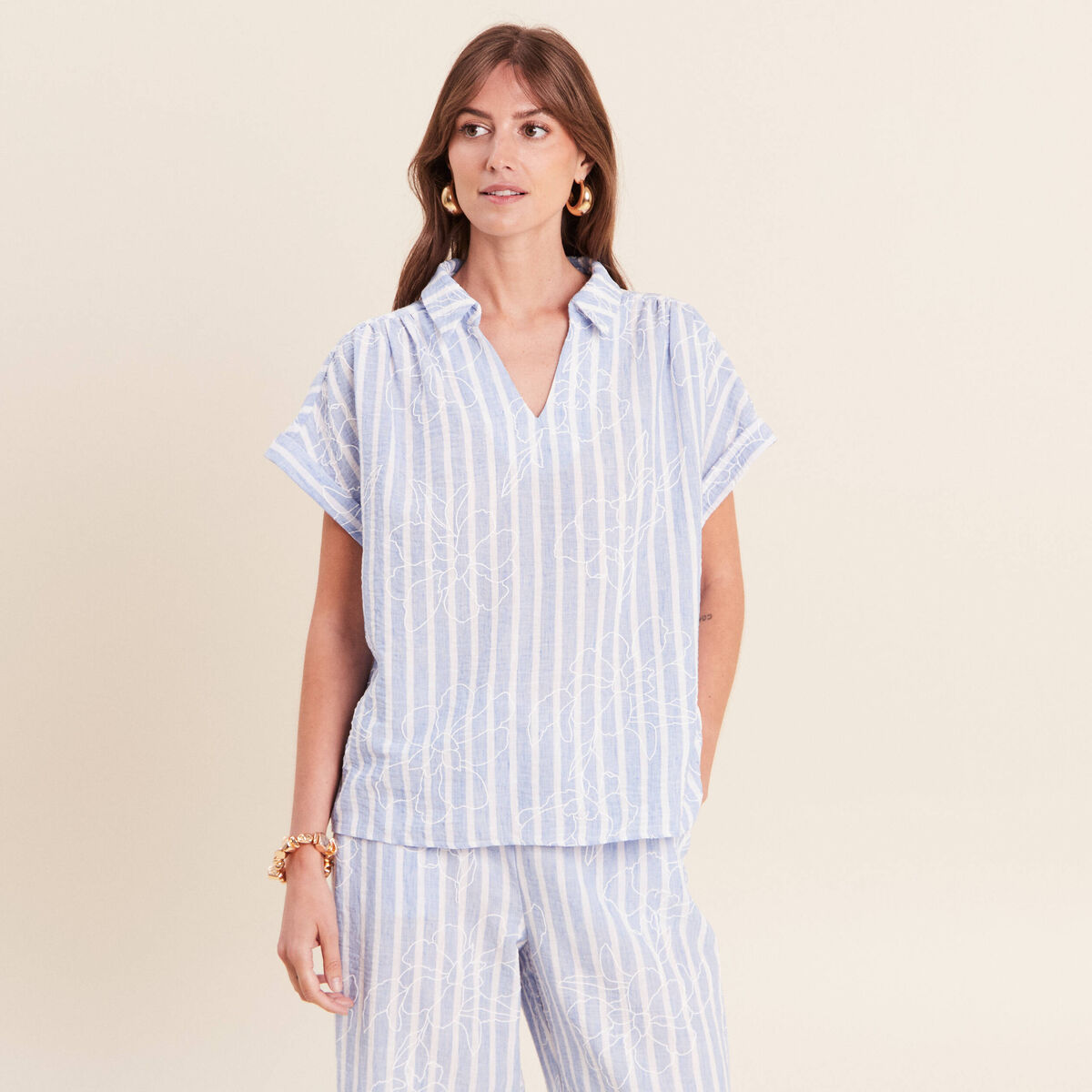 Blouse ample col chemise manches courtes bleu femme