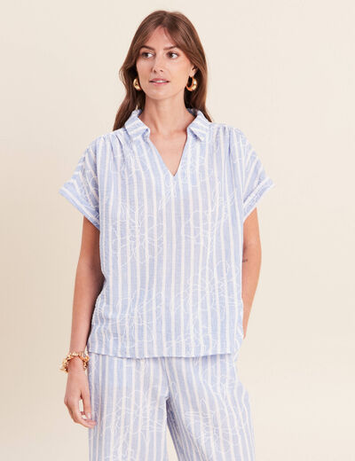 Blouse ample col chemise manches courtes bleu femme