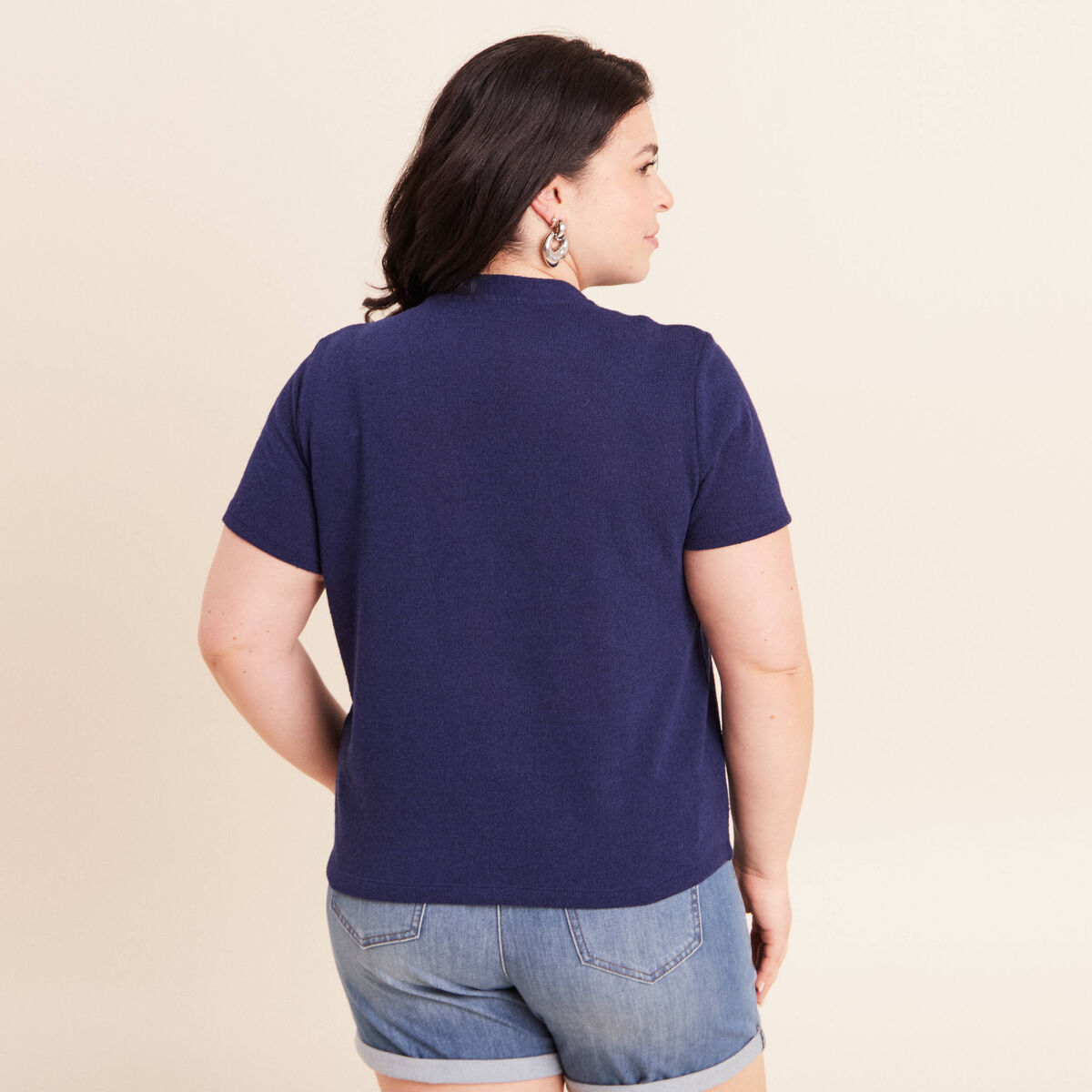 T-shirt col v manches courtes bleu marine femme