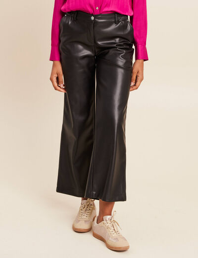 Pantalon taille bascul&eacute;e similicuir noir femme