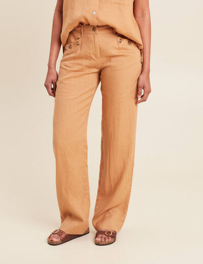 Pantalon coupe large fluide taille haute beige femme