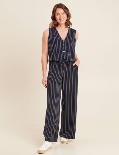 Pantalon large taille haute bleu foncé femme