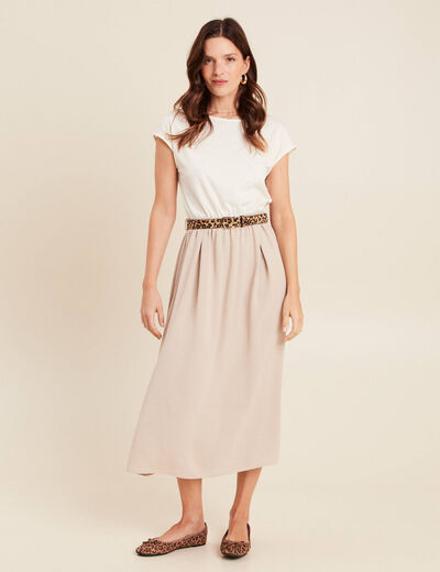 Robe longue évasée bi-matière ecru femme