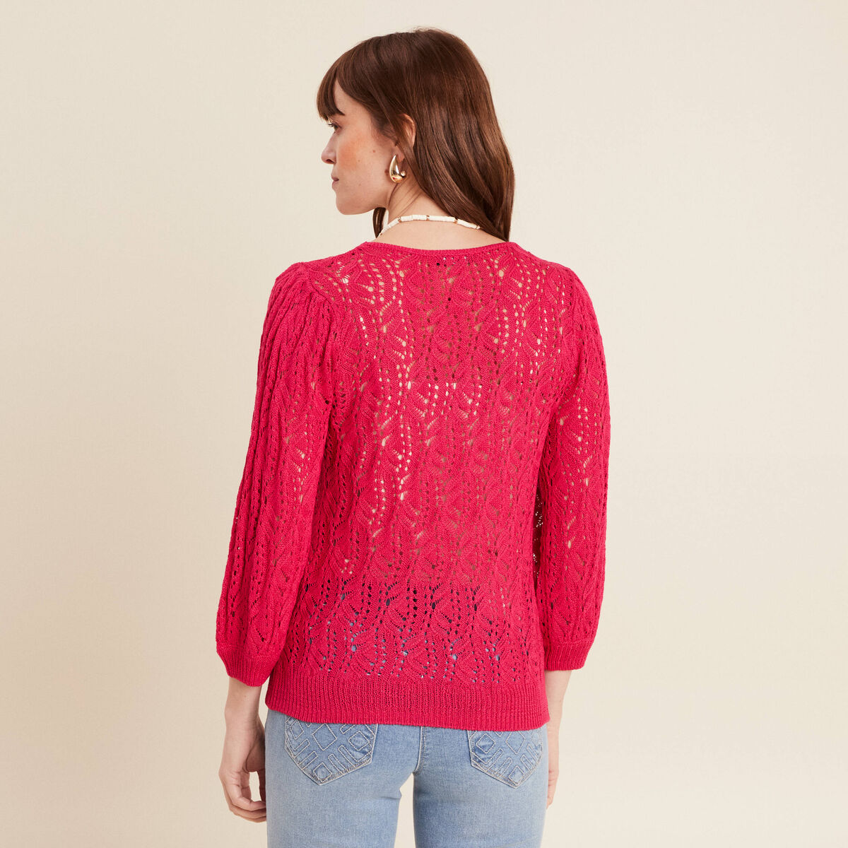 Pull manches 3/4 ajouré rose fushia femme