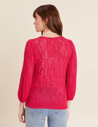 Pull manches 3/4 ajouré rose fushia femme