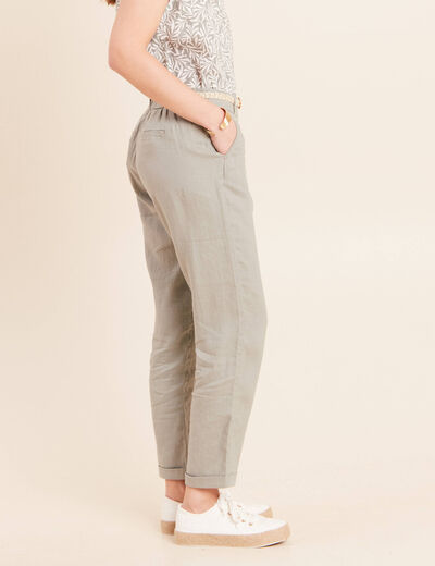 Pantalon coupe chino en lin ceintur&eacute; vert clair femme