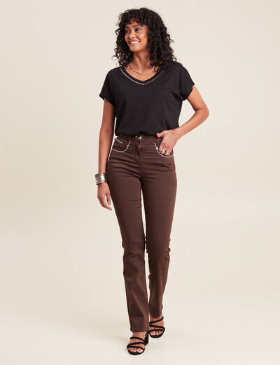Pantalon droit taille haute marron foncé femme