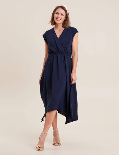Robe évasée taille smockée bleu marine femme